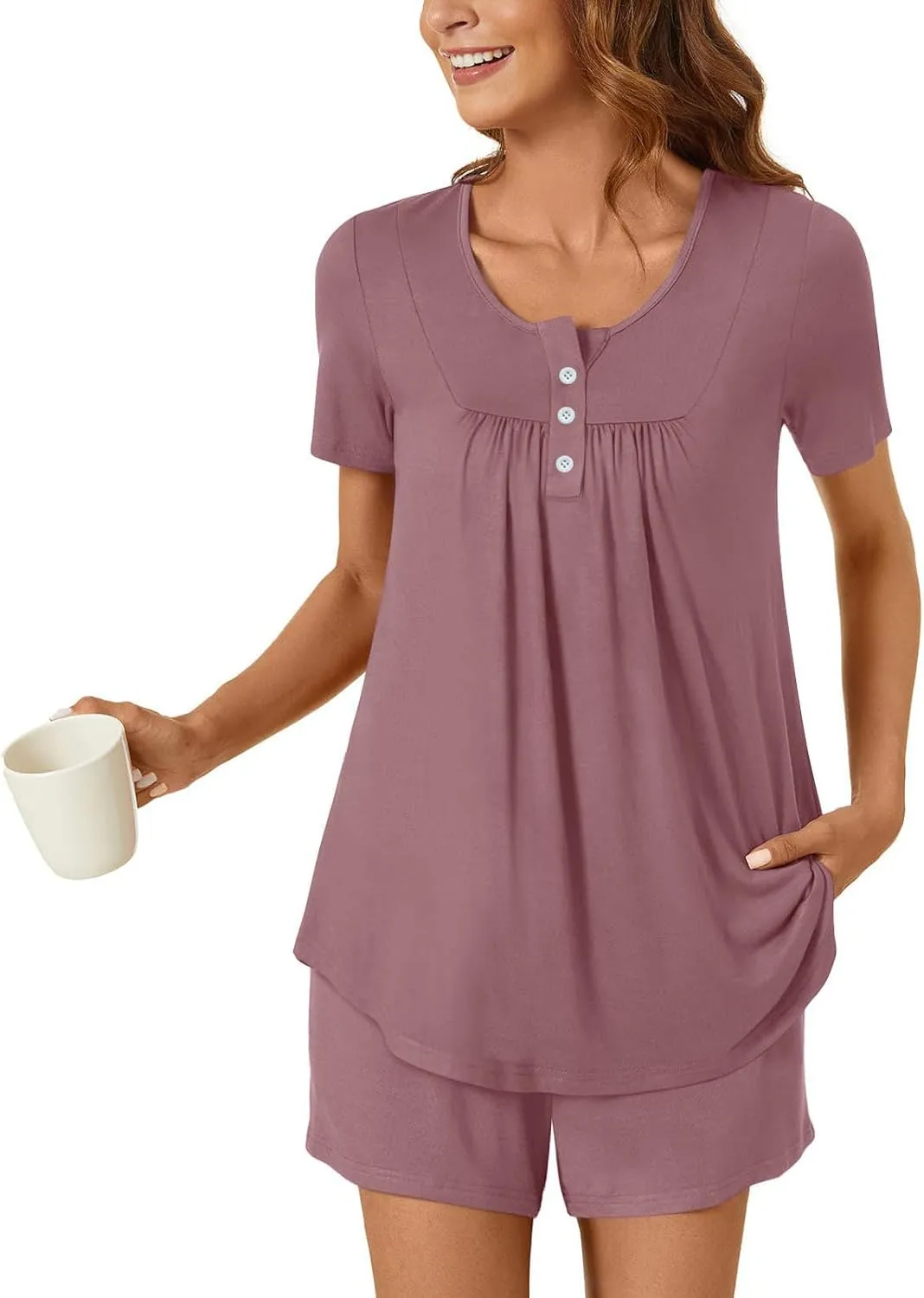 Pajamas for Women Set Summer Round Neck Button Down Pajama Set Fashion Short Pajamas Casual Loose Loungewear