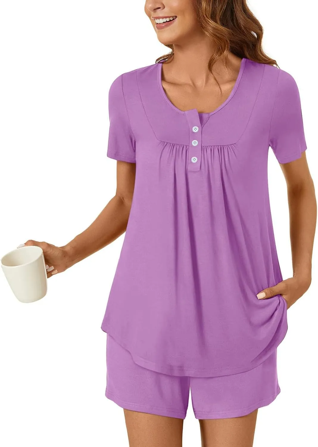 Pajamas for Women Set Summer Round Neck Button Down Pajama Set Fashion Short Pajamas Casual Loose Loungewear