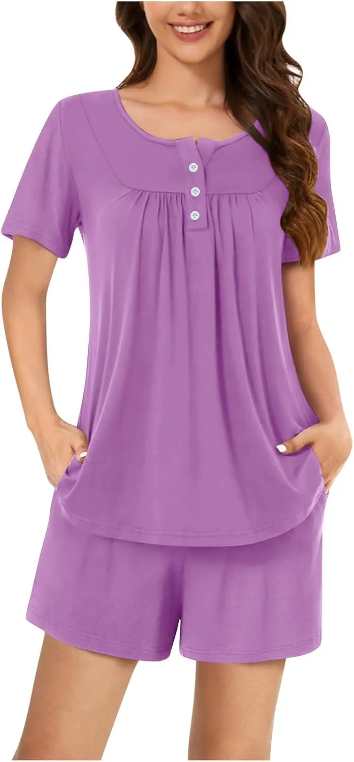 Pajamas for Women Set Summer Round Neck Button Down Pajama Set Fashion Short Pajamas Casual Loose Loungewear