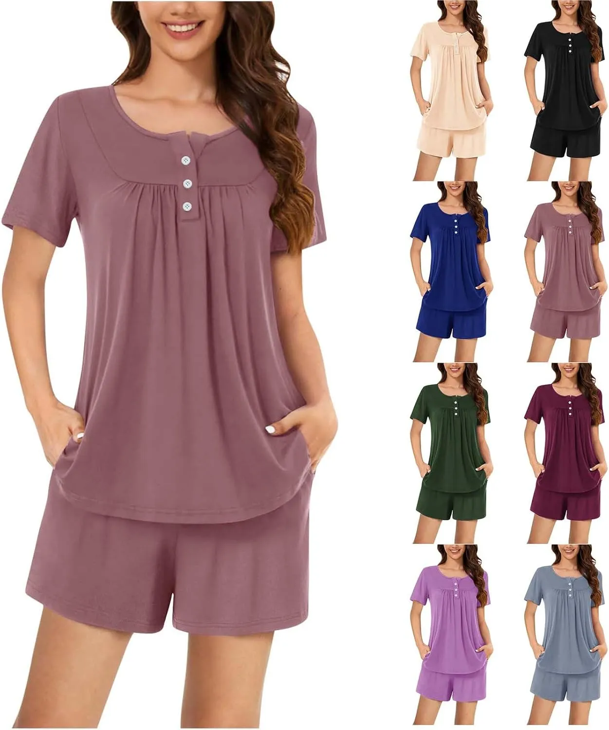 Pajamas for Women Set Summer Round Neck Button Down Pajama Set Fashion Short Pajamas Casual Loose Loungewear