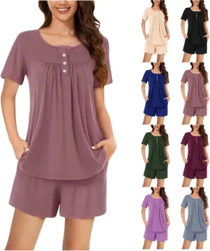 Pajamas for Women Set Summer Round Neck Button Down Pajama Set Fashion Short Pajamas Casual Loose Loungewear