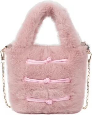 Pandalein Women's Faux Fur Mini Tote Bag, Winter Bag, Fluffy Bucket Bag, Plush Handbag, Fur Shoulder Bag, Cute Plush Bag, Handbag with Chain