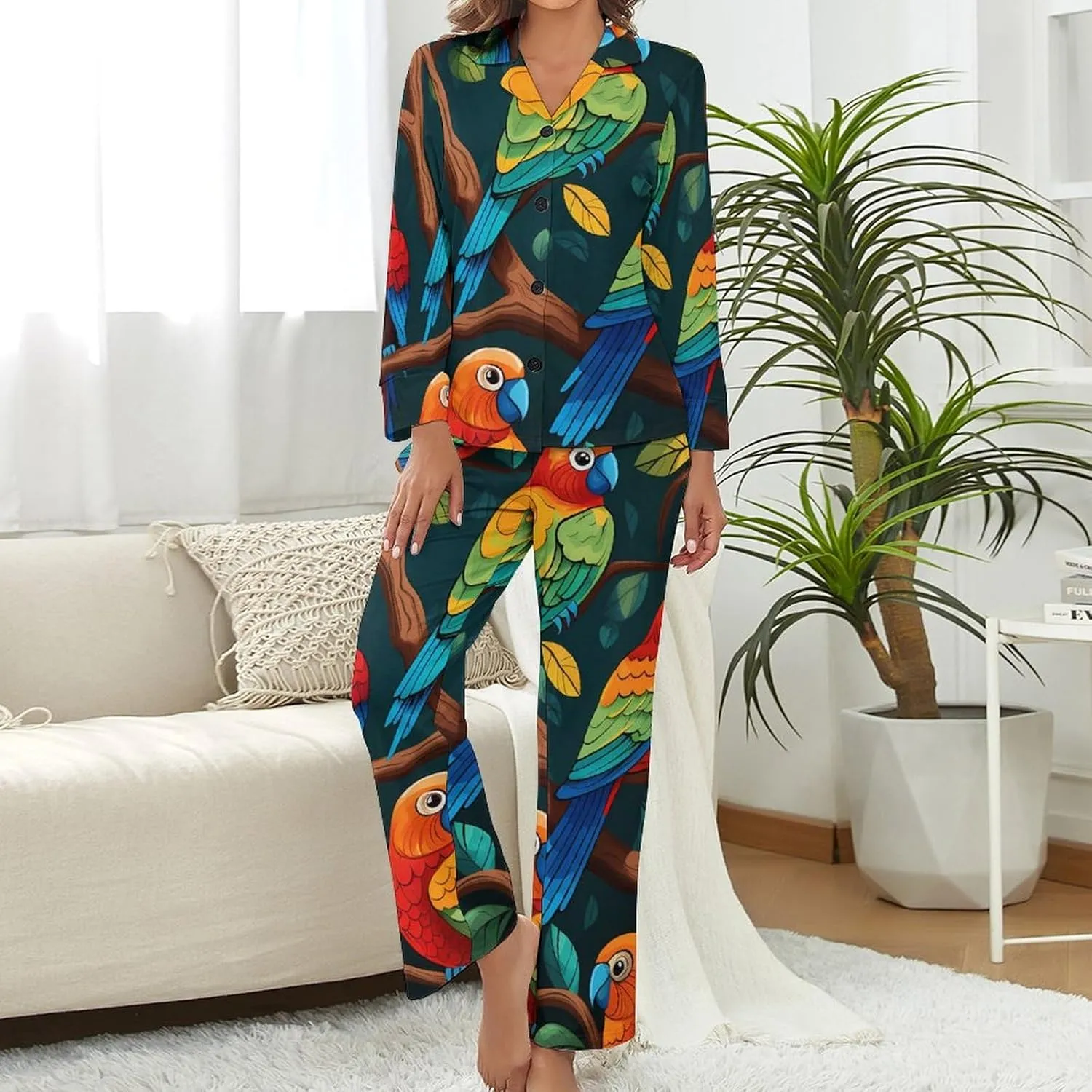 Parrot Birds Womens Pajamas Satin PJ Set Button Down Loungewear Set 2 Piece Lounge Sets