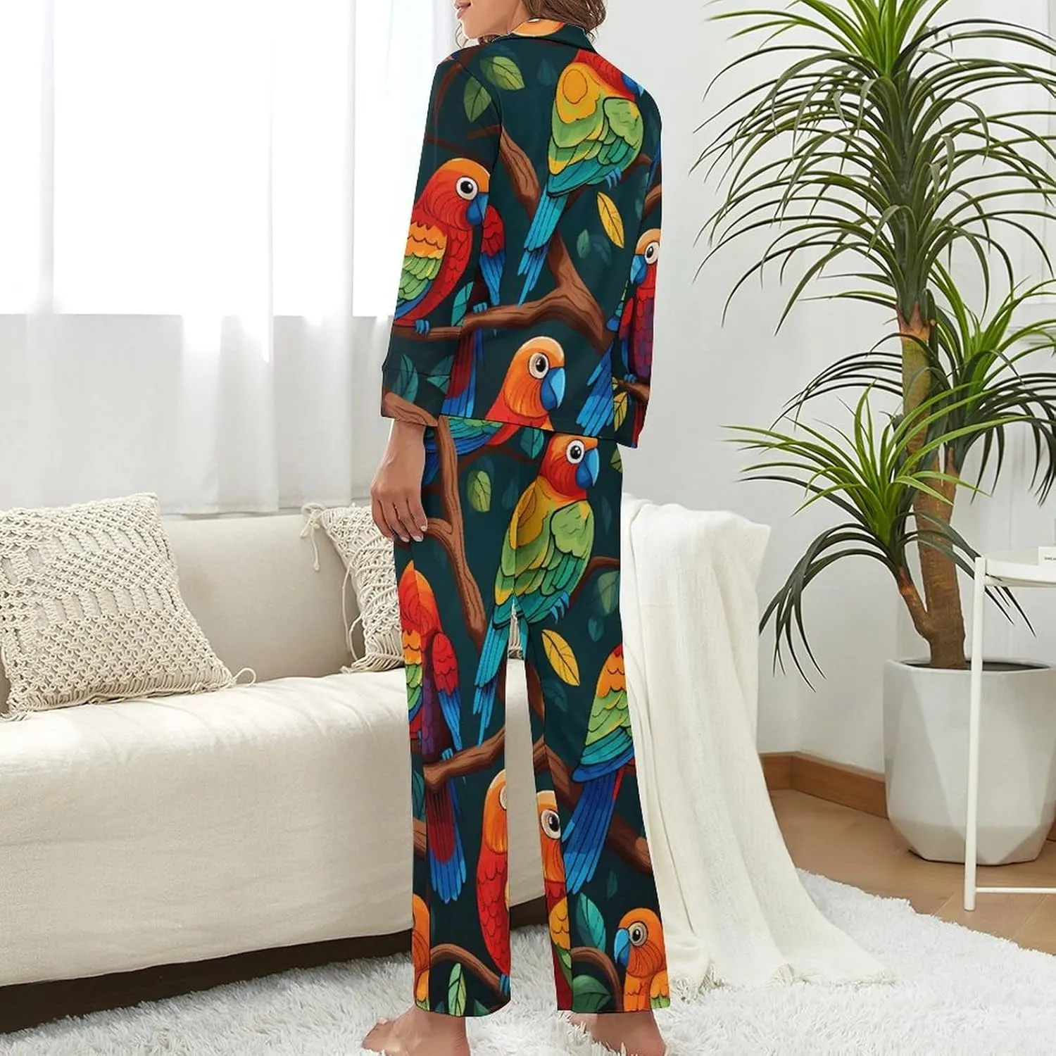 Parrot Birds Womens Pajamas Satin PJ Set Button Down Loungewear Set 2 Piece Lounge Sets