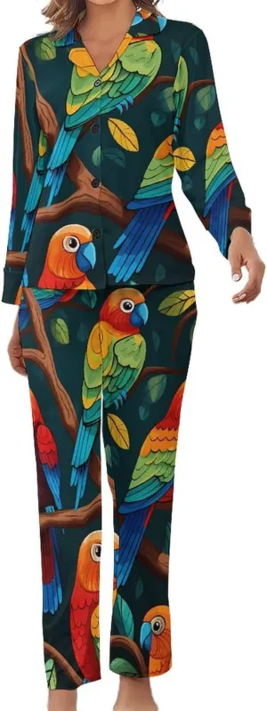 Parrot Birds Womens Pajamas Satin PJ Set Button Down Loungewear Set 2 Piece Lounge Sets