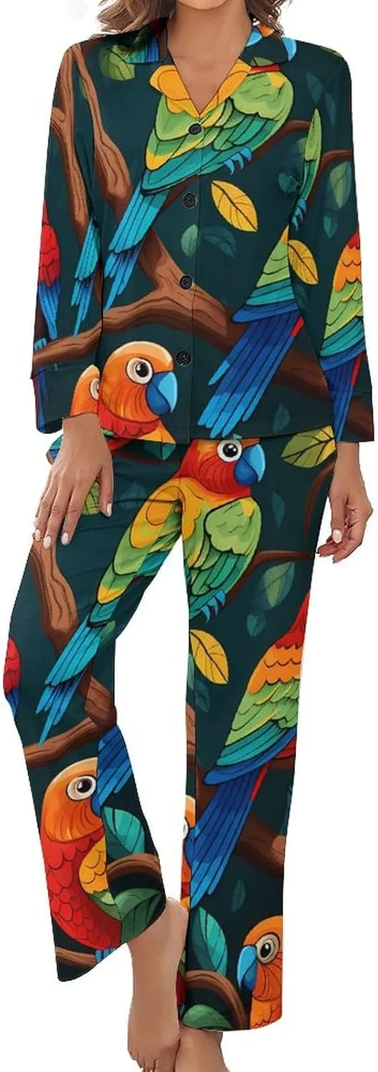 Parrot Birds Womens Pajamas Satin PJ Set Button Down Loungewear Set 2 Piece Lounge Sets