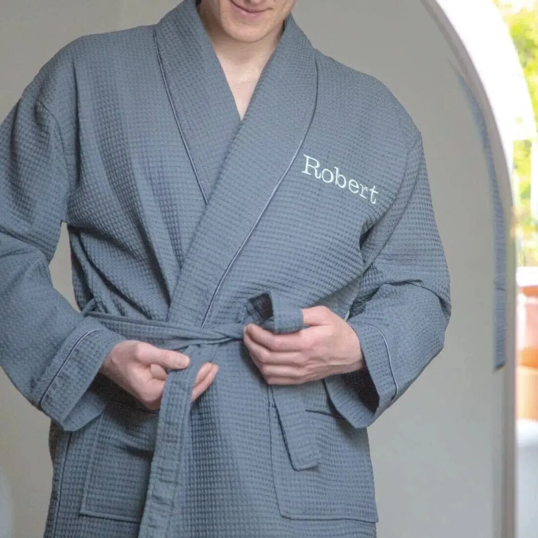 Personalised Aztex Shawl Collar Waffle Dressing Gown - Front and Back Embroidery