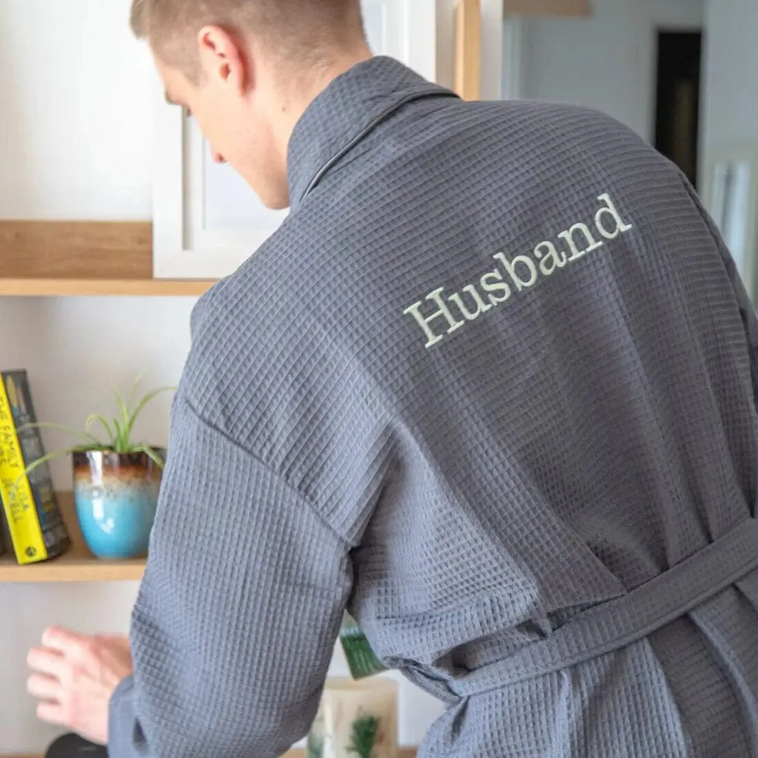 Personalised Aztex Shawl Collar Waffle Dressing Gown - Front and Back Embroidery