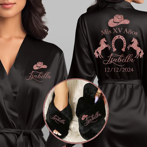 Personalized Mis Quince Charro Robes with Slippers Set