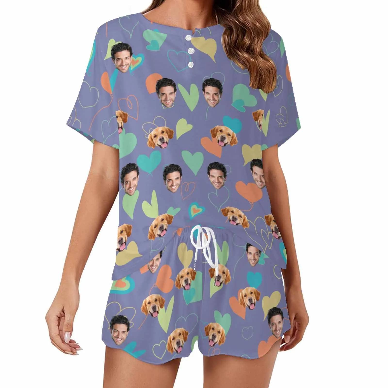 Personalized Photo Pajama Sets for Women Custom Face Short Sleeve Sleepwear Nightwear Customized Lover Gift