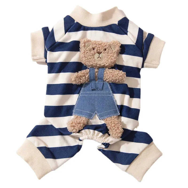 Pet Striped Jumpsuit for Spring/Autumn | Medium & Small Dog Clothes | Sweet Pajamas with Cute Cartoon Patterns | Ideal for Kittens, Puppies, Poodles, & Maltese