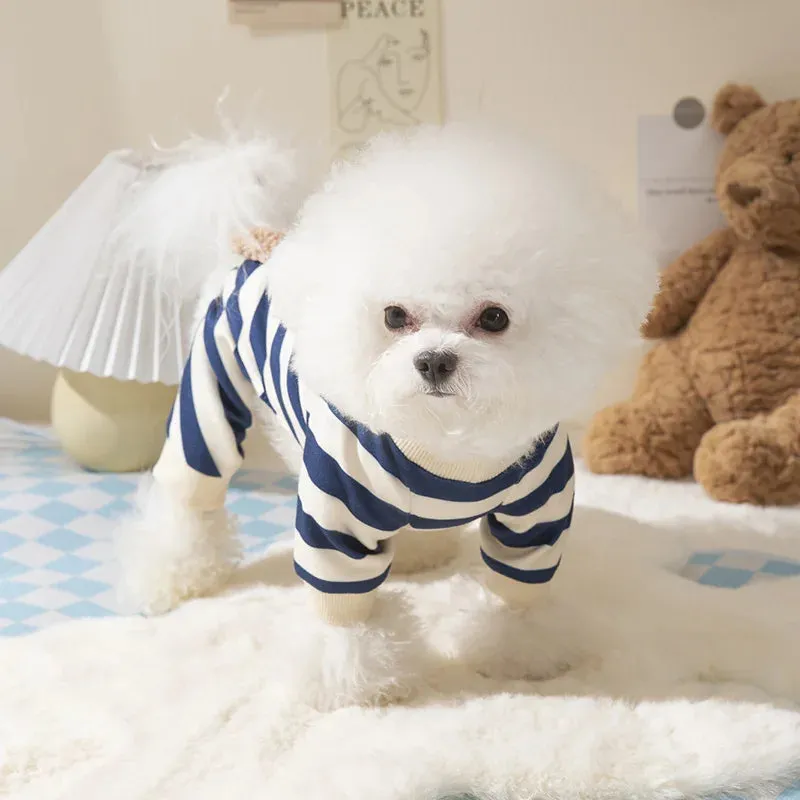 Pet Striped Jumpsuit for Spring/Autumn | Medium & Small Dog Clothes | Sweet Pajamas with Cute Cartoon Patterns | Ideal for Kittens, Puppies, Poodles, & Maltese