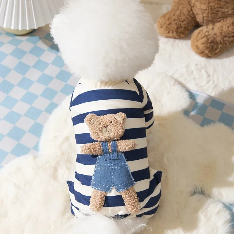 Pet Striped Jumpsuit for Spring/Autumn | Medium & Small Dog Clothes | Sweet Pajamas with Cute Cartoon Patterns | Ideal for Kittens, Puppies, Poodles, & Maltese