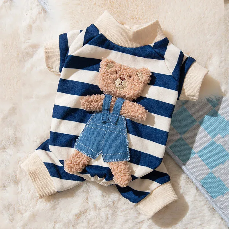 Pet Striped Jumpsuit for Spring/Autumn | Medium & Small Dog Clothes | Sweet Pajamas with Cute Cartoon Patterns | Ideal for Kittens, Puppies, Poodles, & Maltese