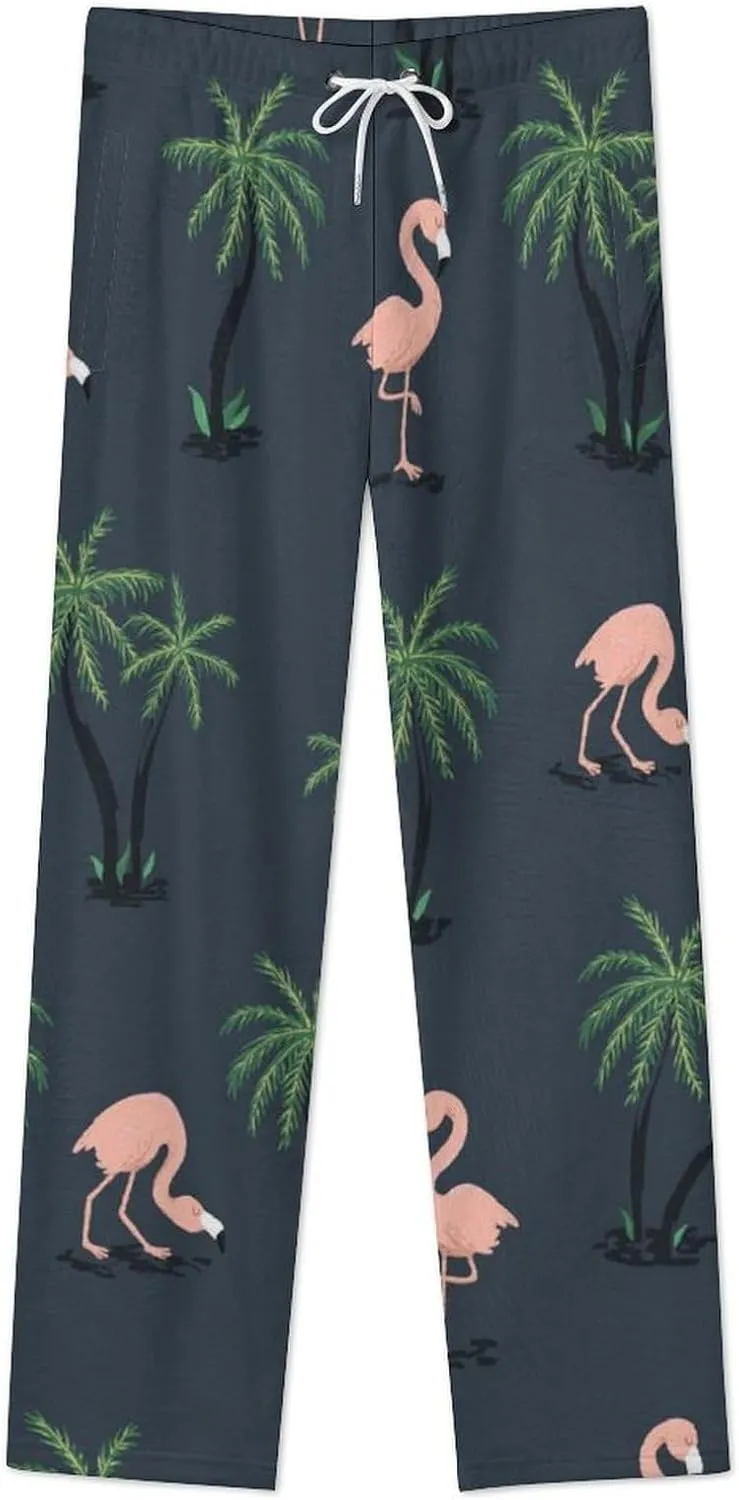 Pink Flamingo Birds And Palm Trees Women's Flannel Pajama Pants Fleece Lounge Sleep Bottoms PJ