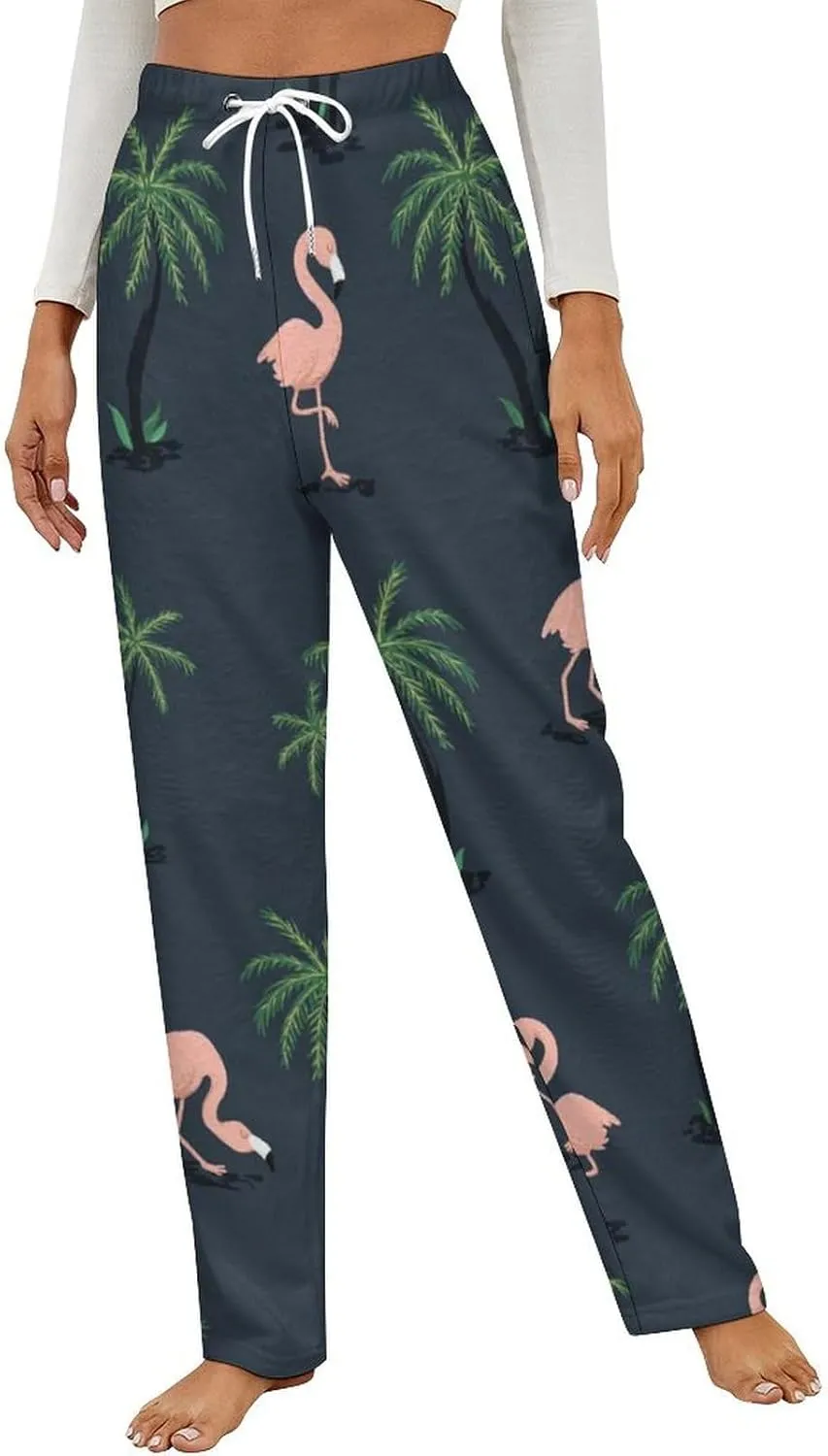 Pink Flamingo Birds And Palm Trees Women's Flannel Pajama Pants Fleece Lounge Sleep Bottoms PJ