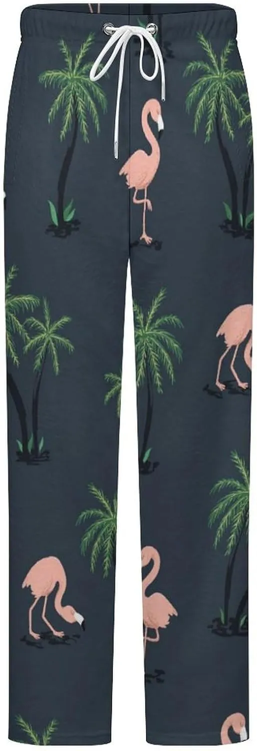 Pink Flamingo Birds And Palm Trees Women's Flannel Pajama Pants Fleece Lounge Sleep Bottoms PJ