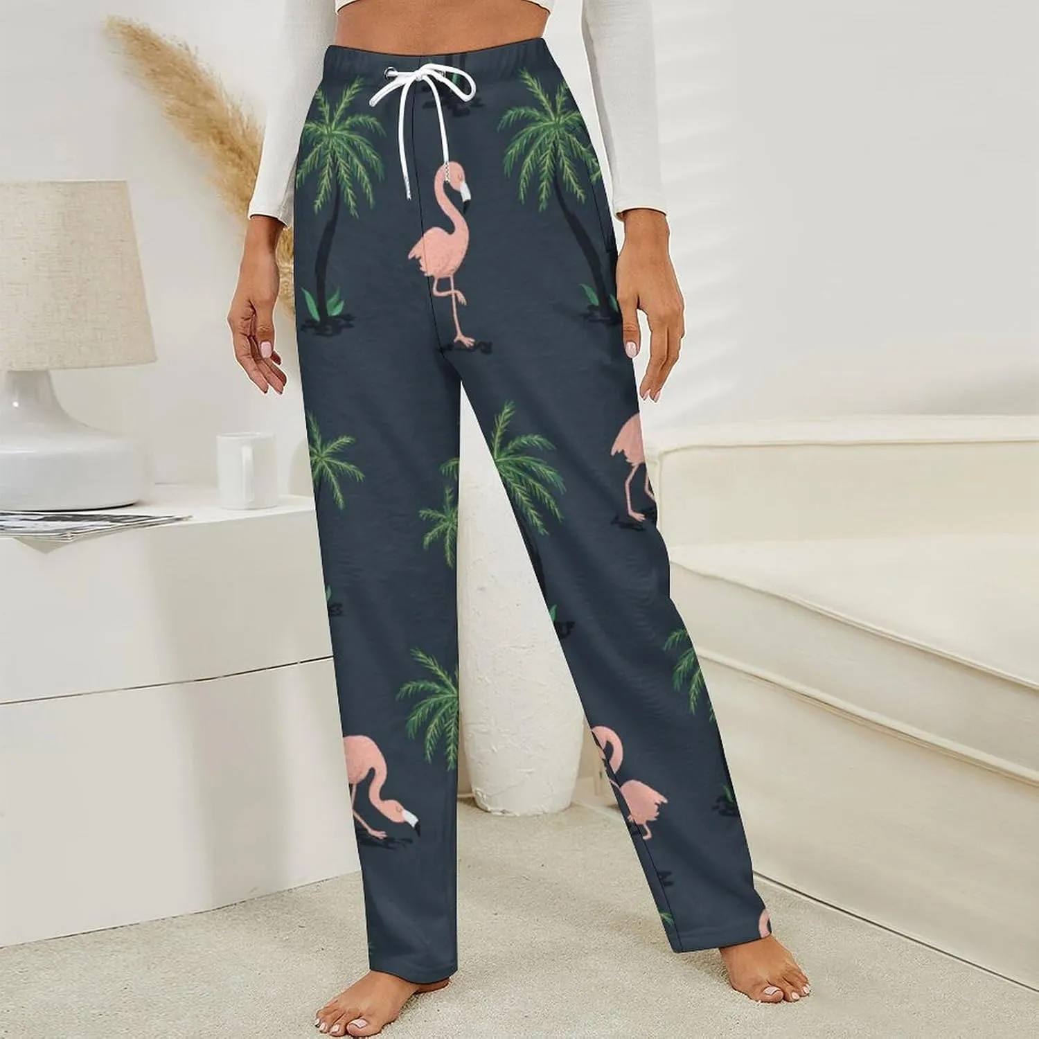 Pink Flamingo Birds And Palm Trees Women's Flannel Pajama Pants Fleece Lounge Sleep Bottoms PJ