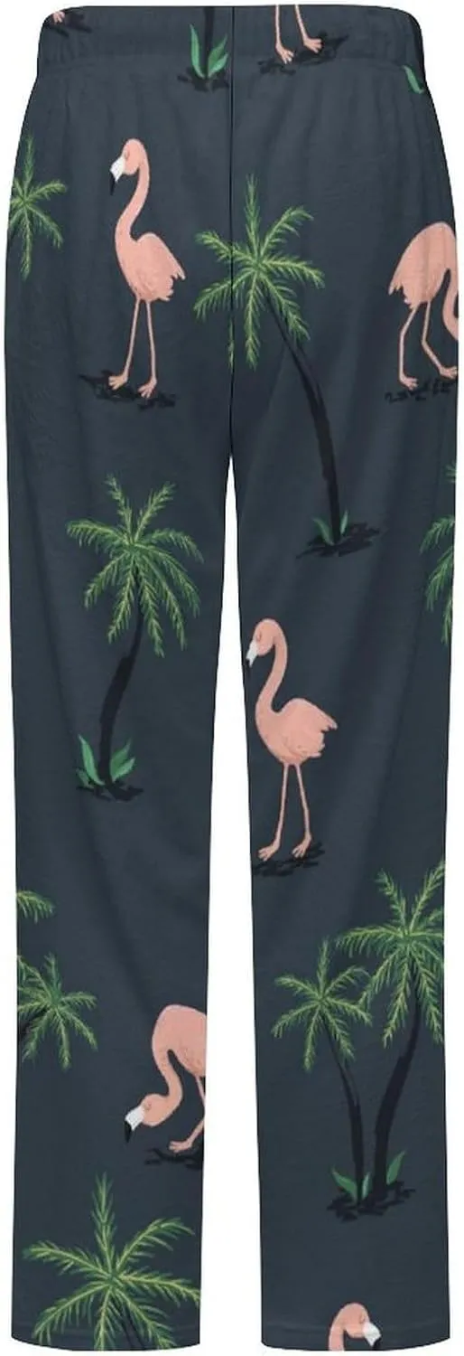 Pink Flamingo Birds And Palm Trees Women's Flannel Pajama Pants Fleece Lounge Sleep Bottoms PJ