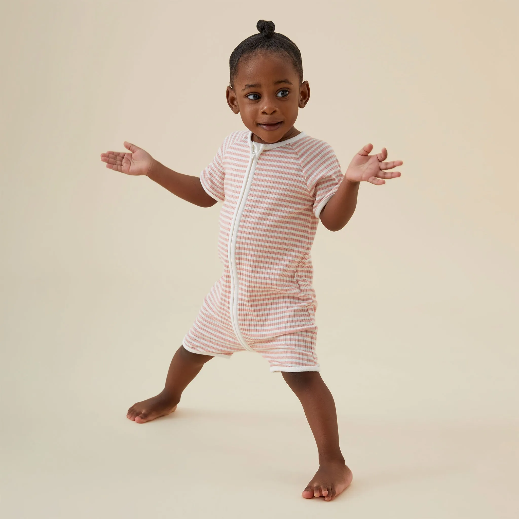 Pink Stripe Ribbed Zip Summer Romper