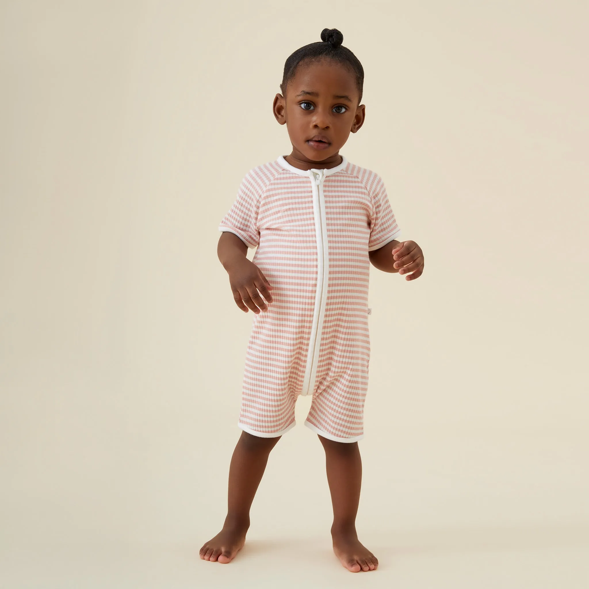 Pink Stripe Ribbed Zip Summer Romper