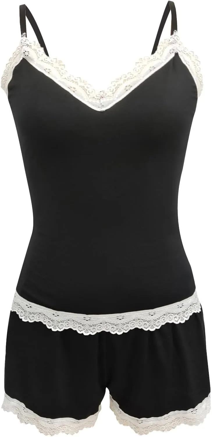 Pj Sets for Women Shorts Cami Pajama Set Modal Sleepwear Lace Trim Short Tank Top Y2K Matching Lounge Sleepwear