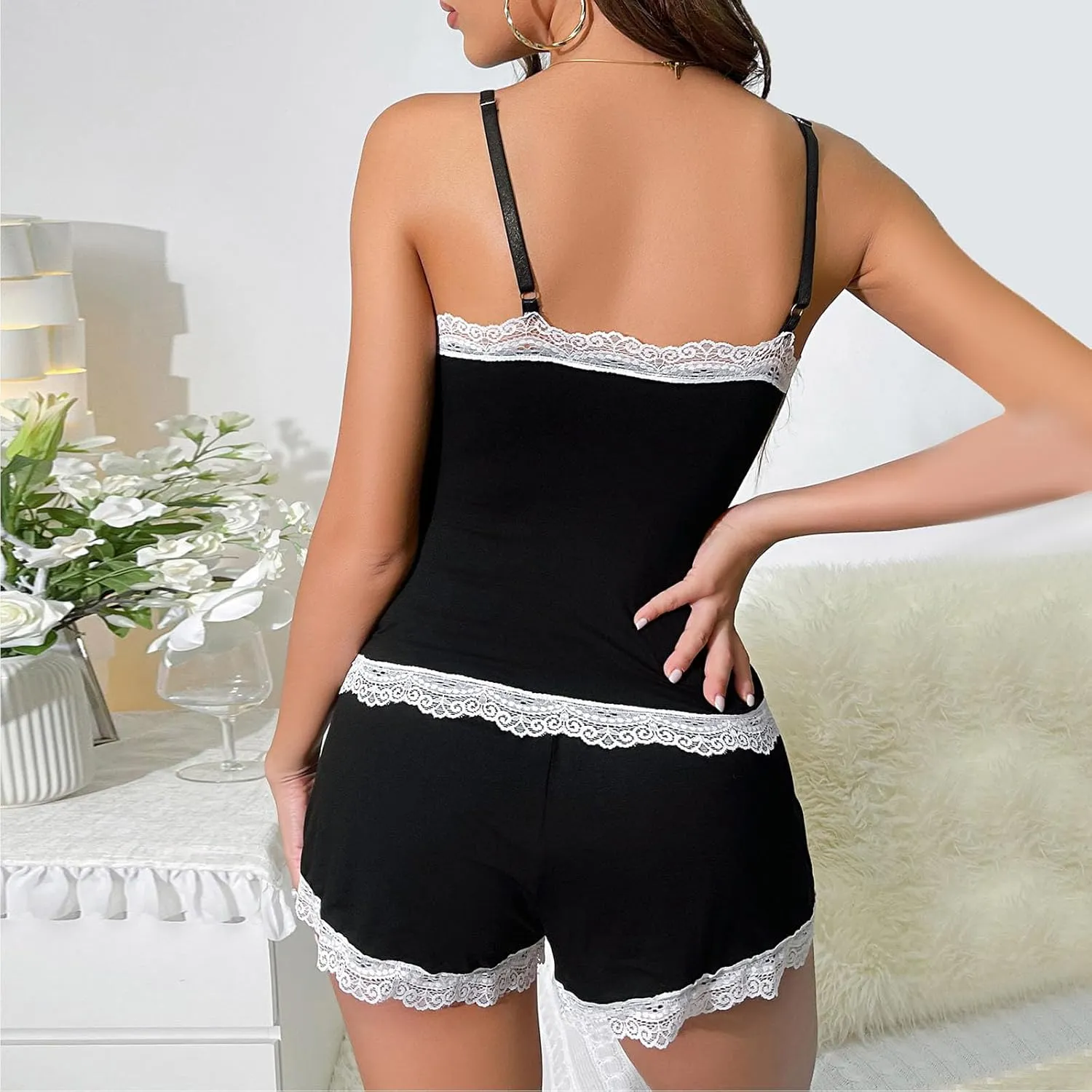 Pj Sets for Women Shorts Cami Pajama Set Modal Sleepwear Lace Trim Short Tank Top Y2K Matching Lounge Sleepwear