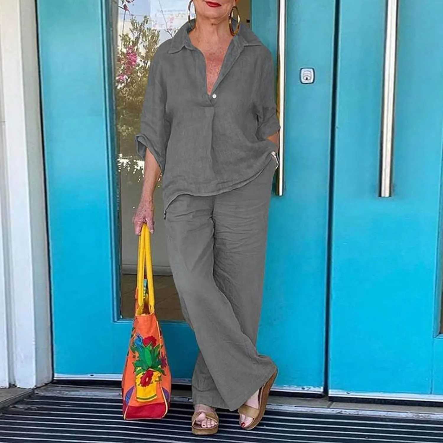 Plus Size Two Piece Sets for Women Linen Dressy Casual Sets Wide Leg Pants Suits Short Sleeve Jogger Tracksuit