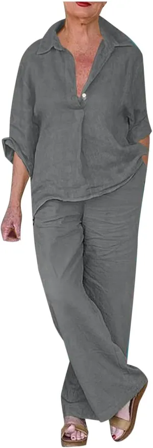 Plus Size Two Piece Sets for Women Linen Dressy Casual Sets Wide Leg Pants Suits Short Sleeve Jogger Tracksuit