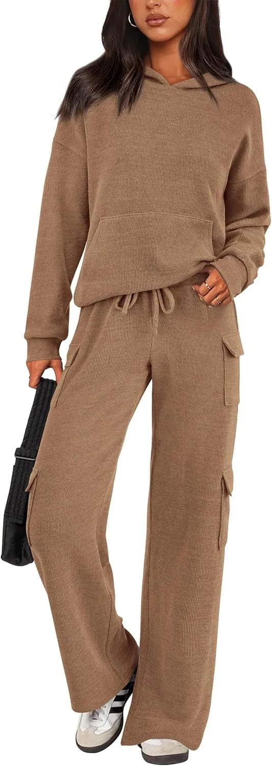 PRETTYGARDEN Women's 2 Piece Lounge Sets 2025 Fall Knitted Hoodie Pullover Tops Cargo Pants Matching Outfits Tracksuits