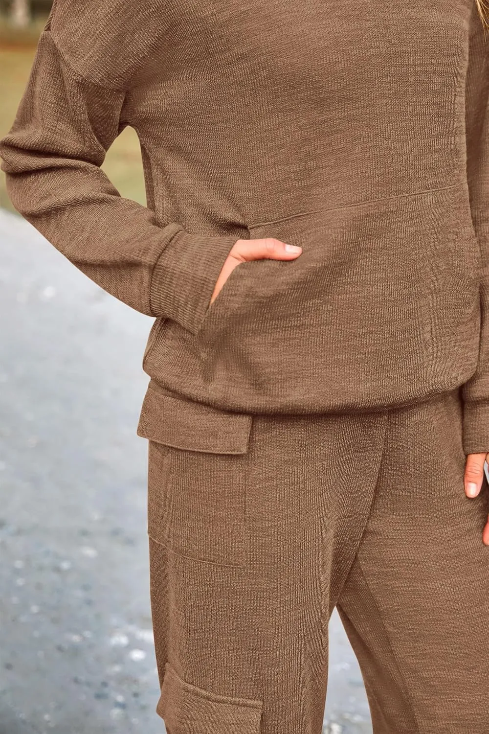 PRETTYGARDEN Women's 2 Piece Lounge Sets 2025 Fall Knitted Hoodie Pullover Tops Cargo Pants Matching Outfits Tracksuits