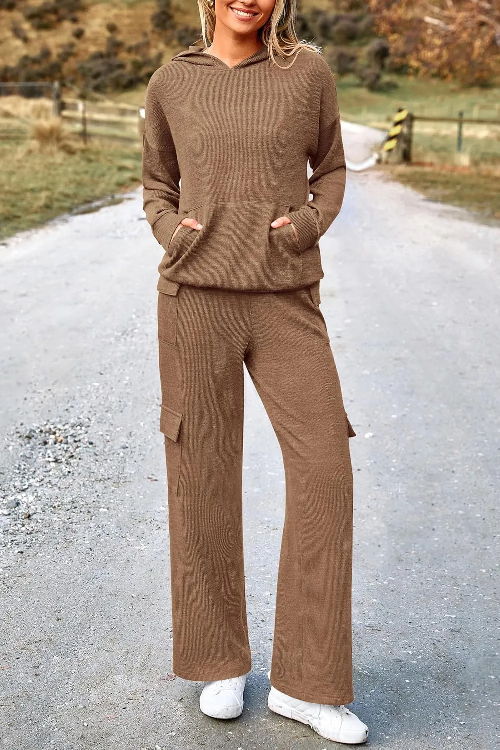PRETTYGARDEN Women's 2 Piece Lounge Sets 2025 Fall Knitted Hoodie Pullover Tops Cargo Pants Matching Outfits Tracksuits