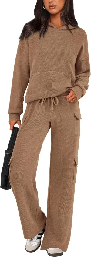 PRETTYGARDEN Women's 2 Piece Lounge Sets 2025 Fall Knitted Hoodie Pullover Tops Cargo Pants Matching Outfits Tracksuits