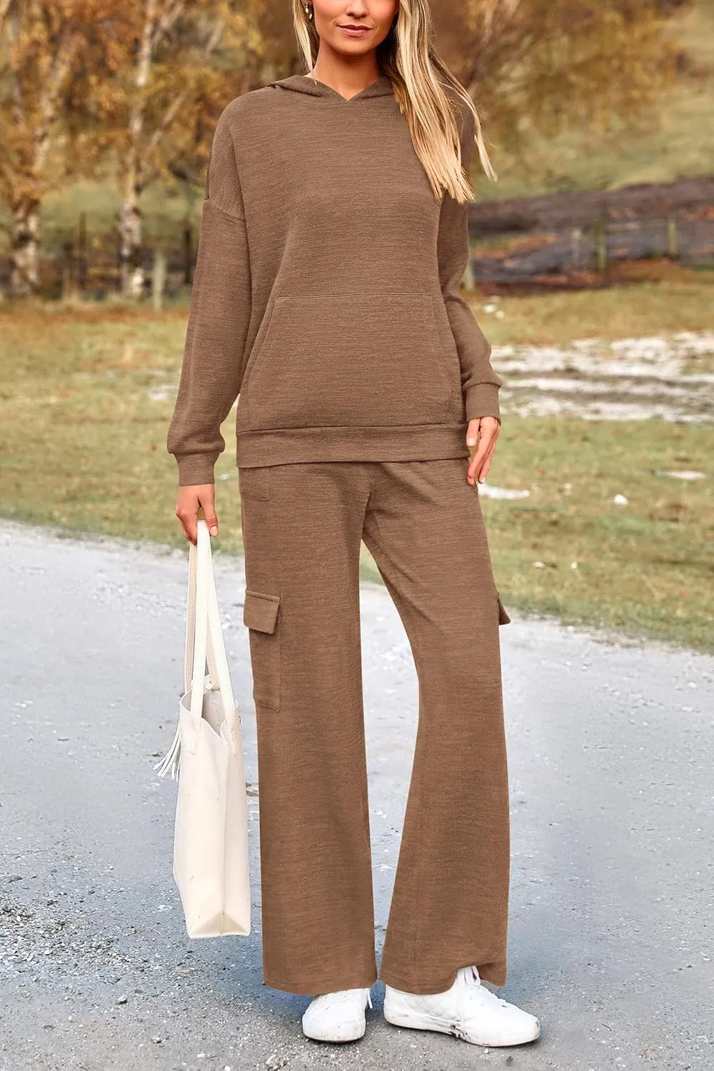 PRETTYGARDEN Women's 2 Piece Lounge Sets 2025 Fall Knitted Hoodie Pullover Tops Cargo Pants Matching Outfits Tracksuits