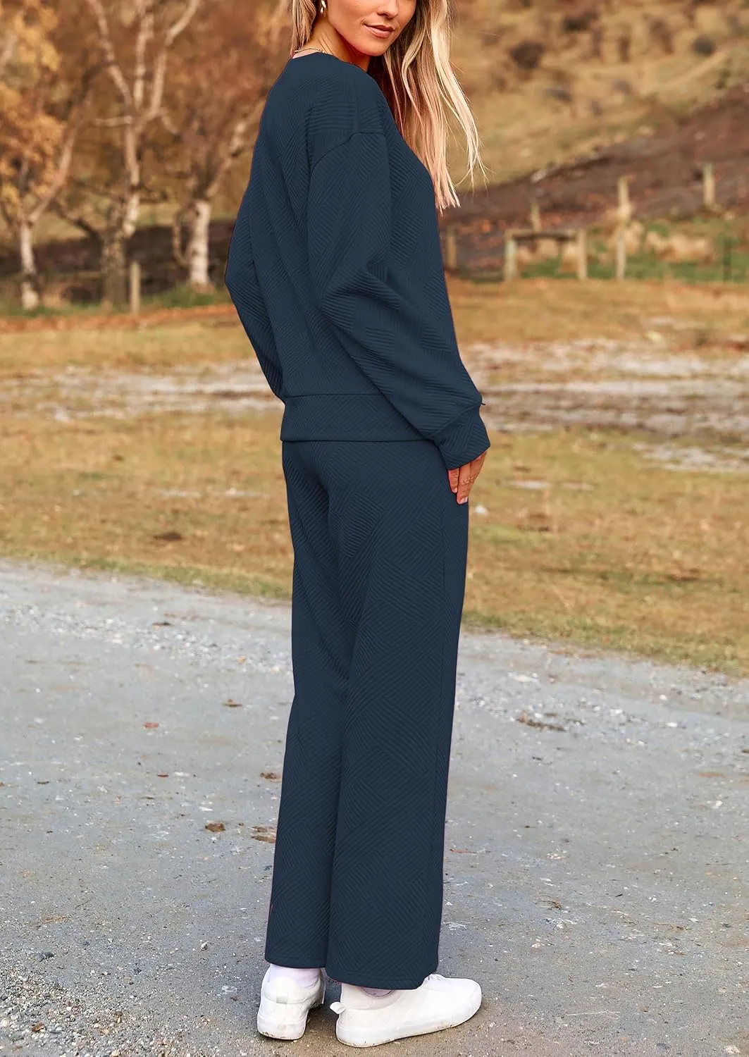 PRETTYGARDEN Women's 2 Piece Outfits Casual Long Sleeve Pullover Tops and Wide Leg Pants Knitted Lounge Sets