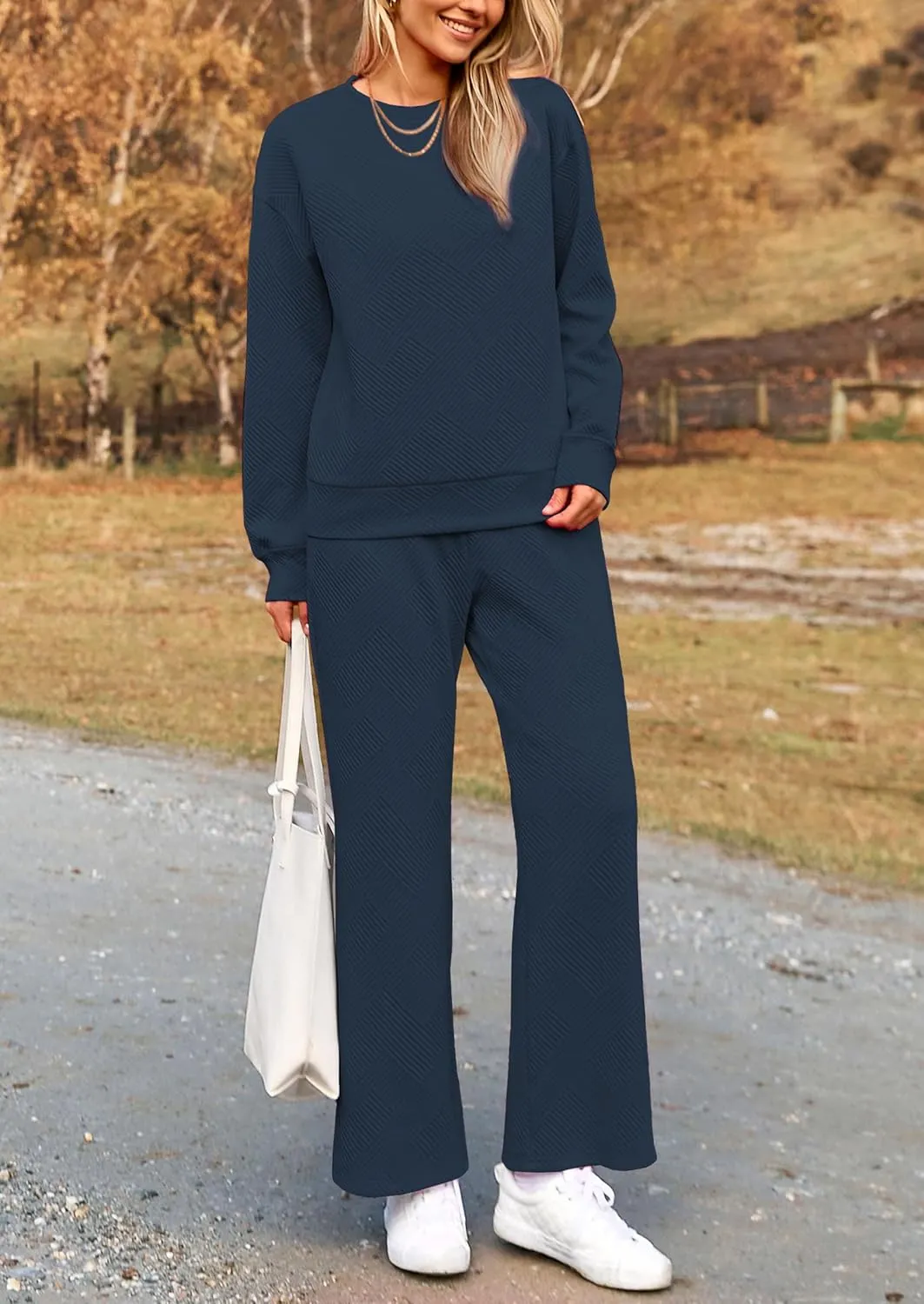 PRETTYGARDEN Women's 2 Piece Outfits Casual Long Sleeve Pullover Tops and Wide Leg Pants Knitted Lounge Sets