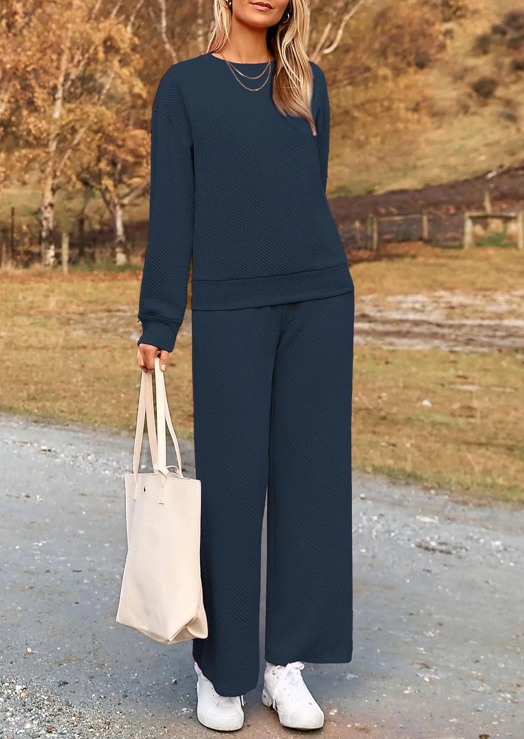 PRETTYGARDEN Women's 2 Piece Outfits Casual Long Sleeve Pullover Tops and Wide Leg Pants Knitted Lounge Sets
