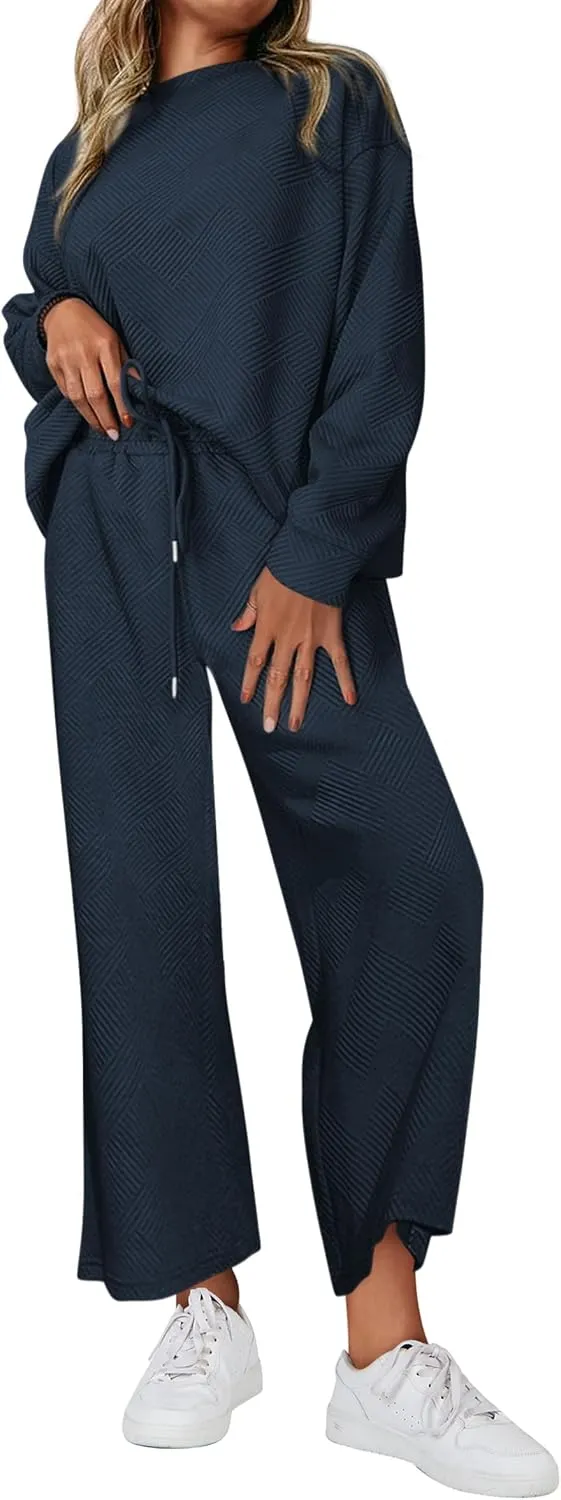PRETTYGARDEN Women's 2 Piece Outfits Casual Long Sleeve Pullover Tops and Wide Leg Pants Knitted Lounge Sets