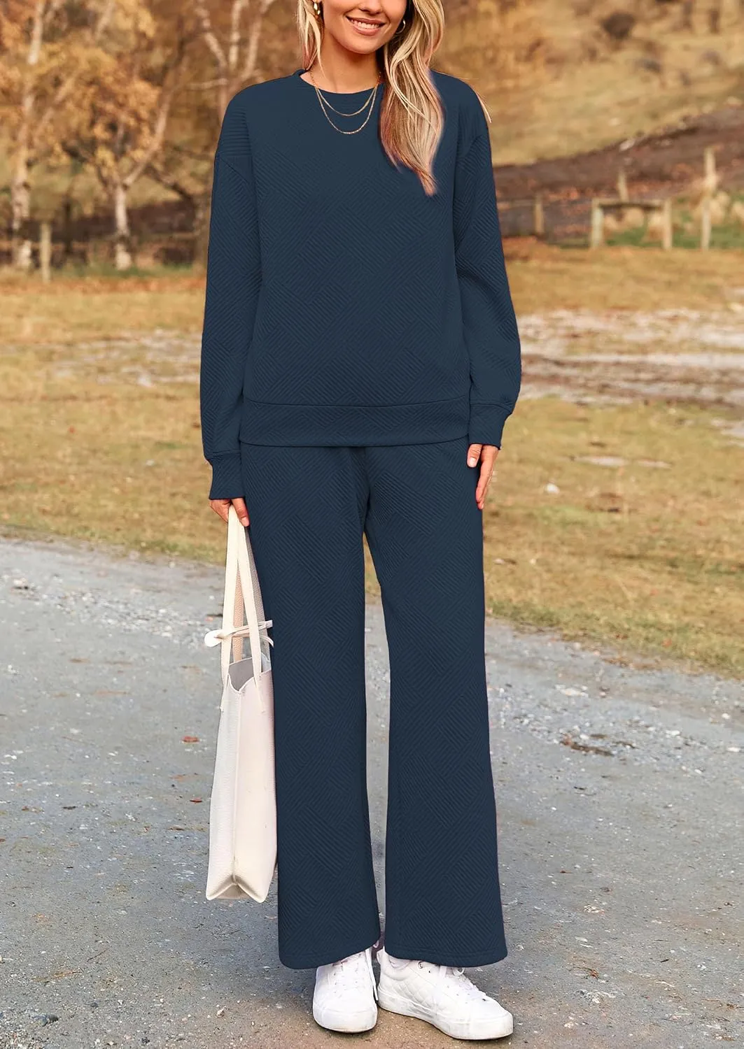 PRETTYGARDEN Women's 2 Piece Outfits Casual Long Sleeve Pullover Tops and Wide Leg Pants Knitted Lounge Sets