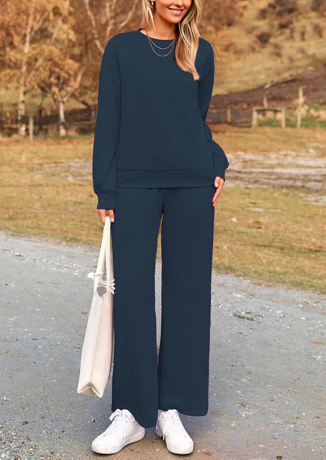 PRETTYGARDEN Women's 2 Piece Outfits Casual Long Sleeve Pullover Tops and Wide Leg Pants Knitted Lounge Sets
