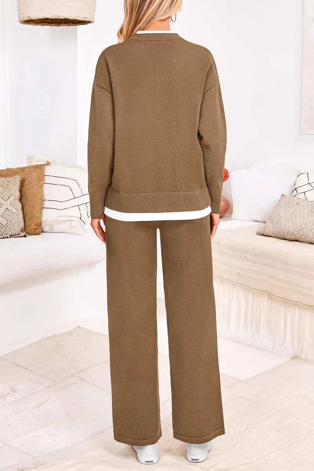 PRETTYGARDEN Women's Winter Two Piece Matching Sweater Lounge Sets Knit Long Sleeve Pullover Tops Wide Leg Pants Tracksuits