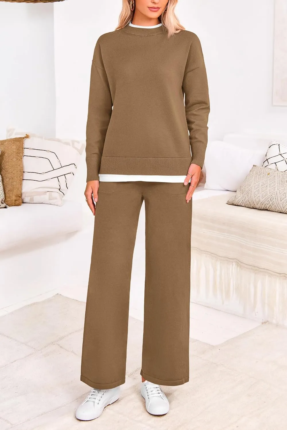 PRETTYGARDEN Women's Winter Two Piece Matching Sweater Lounge Sets Knit Long Sleeve Pullover Tops Wide Leg Pants Tracksuits
