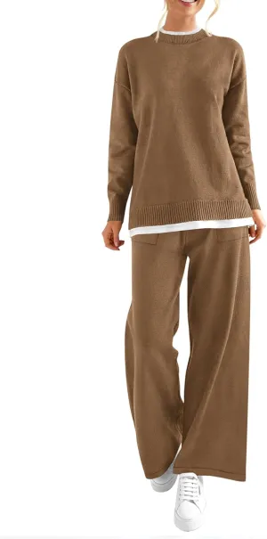PRETTYGARDEN Women's Winter Two Piece Matching Sweater Lounge Sets Knit Long Sleeve Pullover Tops Wide Leg Pants Tracksuits