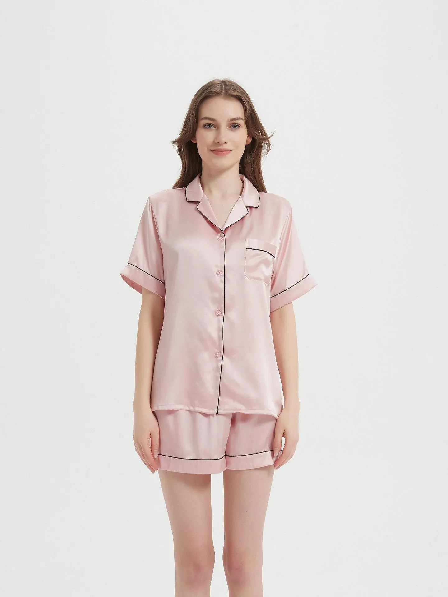Pure Silk Pajamas Short Pjs Set Classic Trim Design Nightgown
