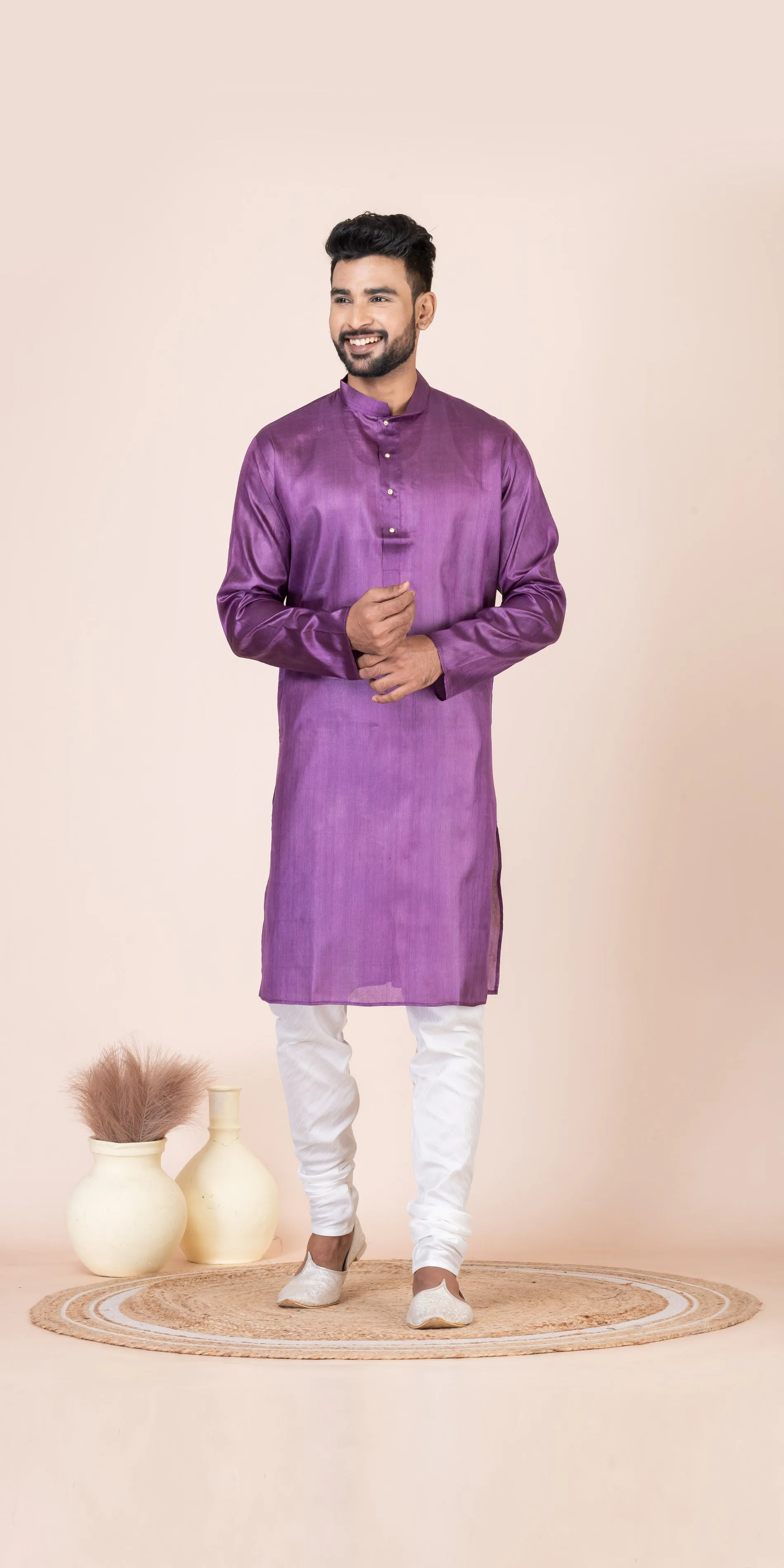 Purple Pure Kosa Silk Men's Kurta with Silk Mark