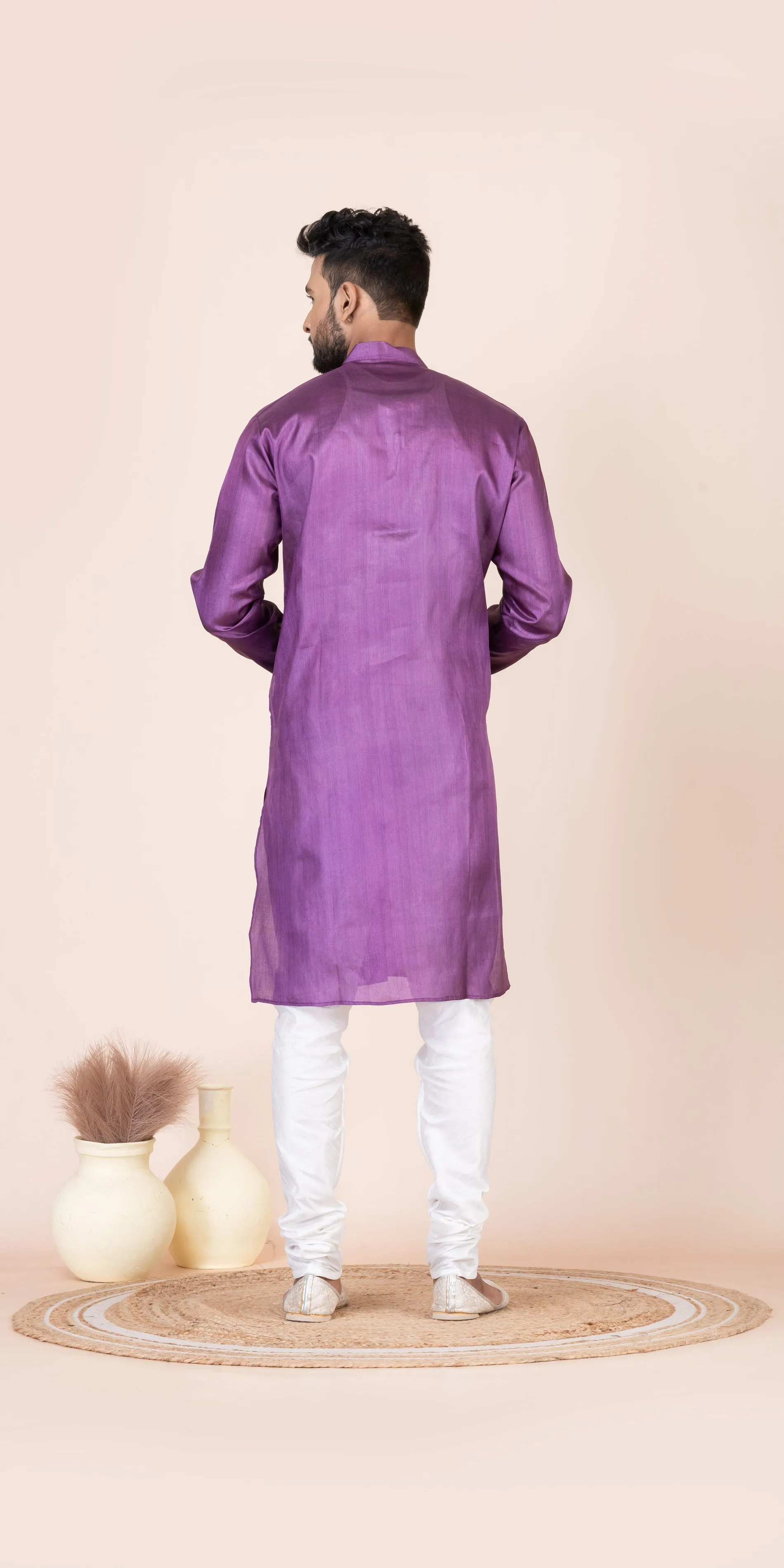 Purple Pure Kosa Silk Men's Kurta with Silk Mark
