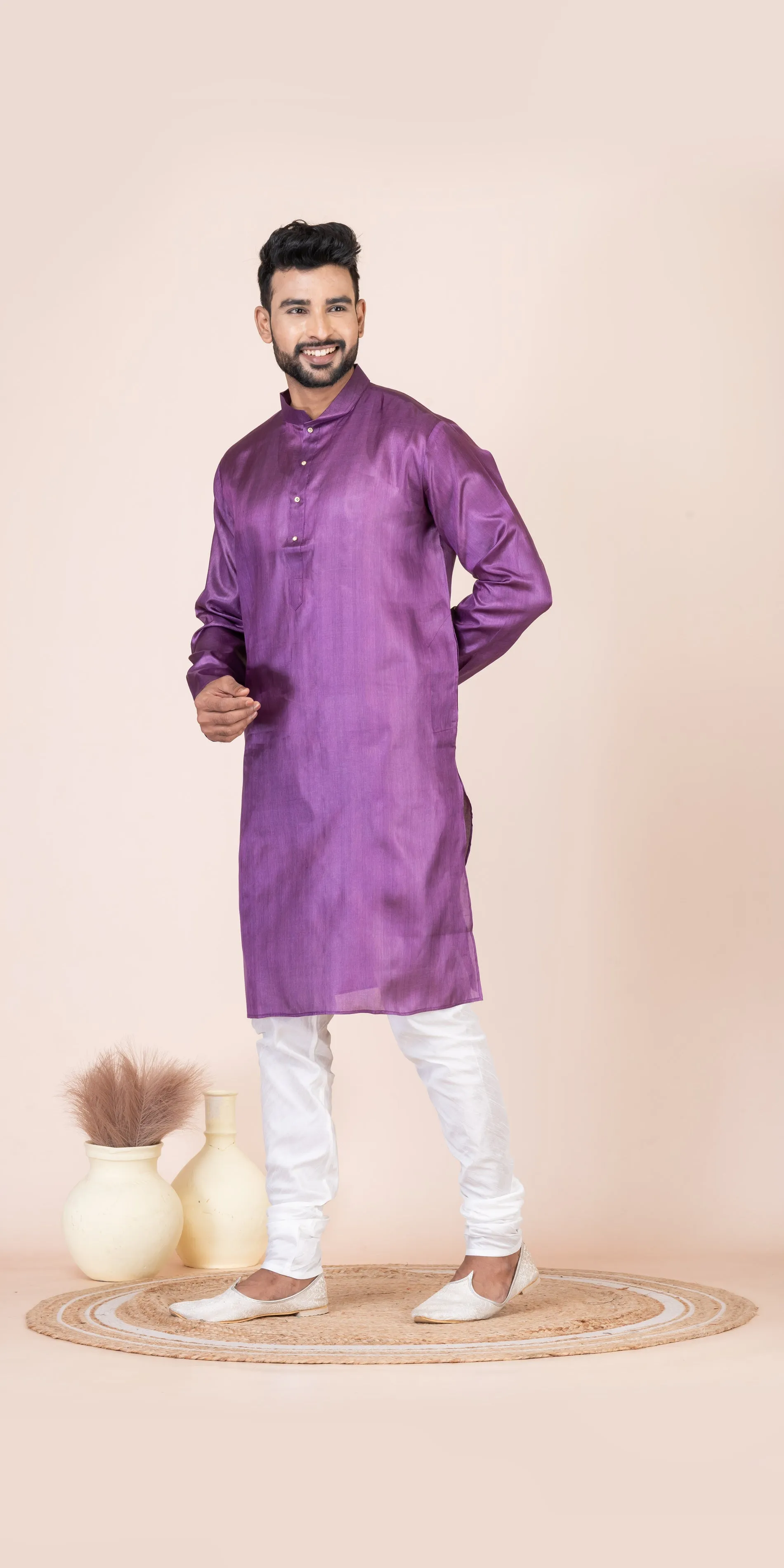 Purple Pure Kosa Silk Men's Kurta with Silk Mark
