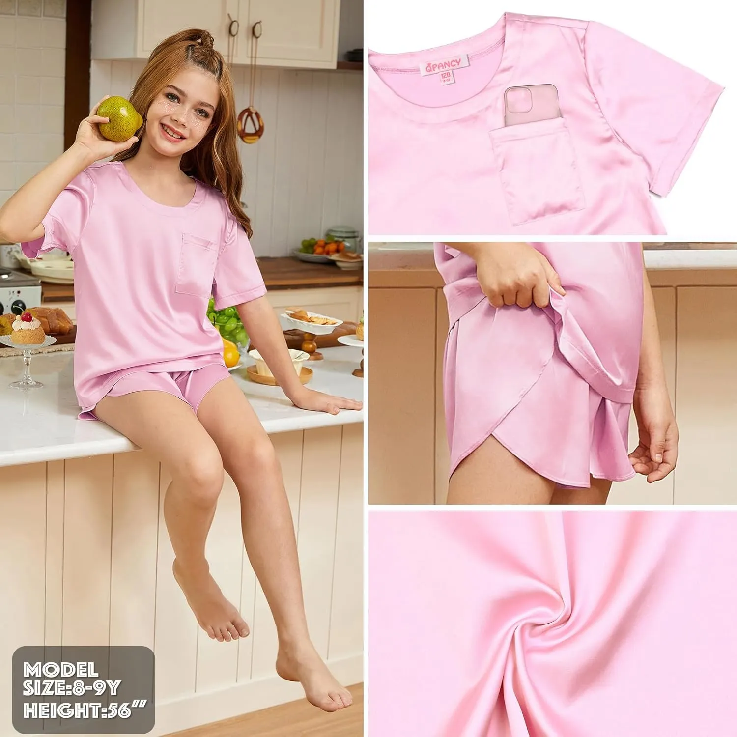 QPANCY Silk Pajamas for Girls 2 Piece Short Sleeve Loungewear Kids Satin Pajamas Sets