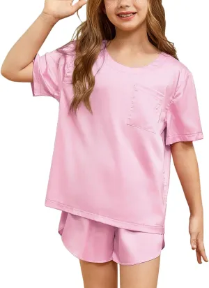 QPANCY Silk Pajamas for Girls 2 Piece Short Sleeve Loungewear Kids Satin Pajamas Sets