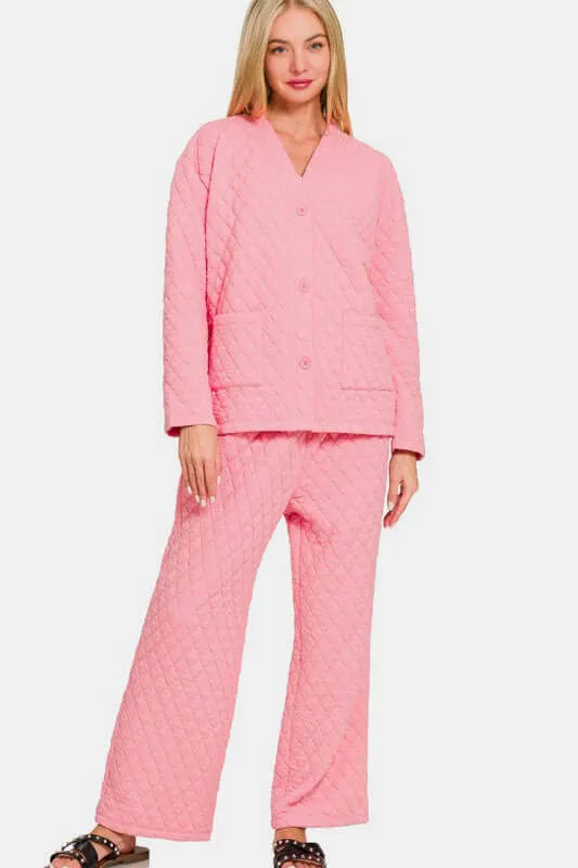 Quilted Button Up Top and Pants Lounge Se
